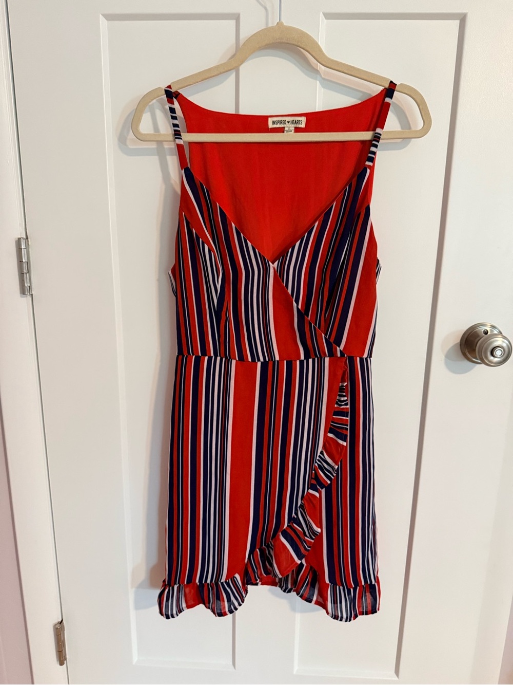 Inspired Hearts Red Navy White Striped Wrap Mini Dress